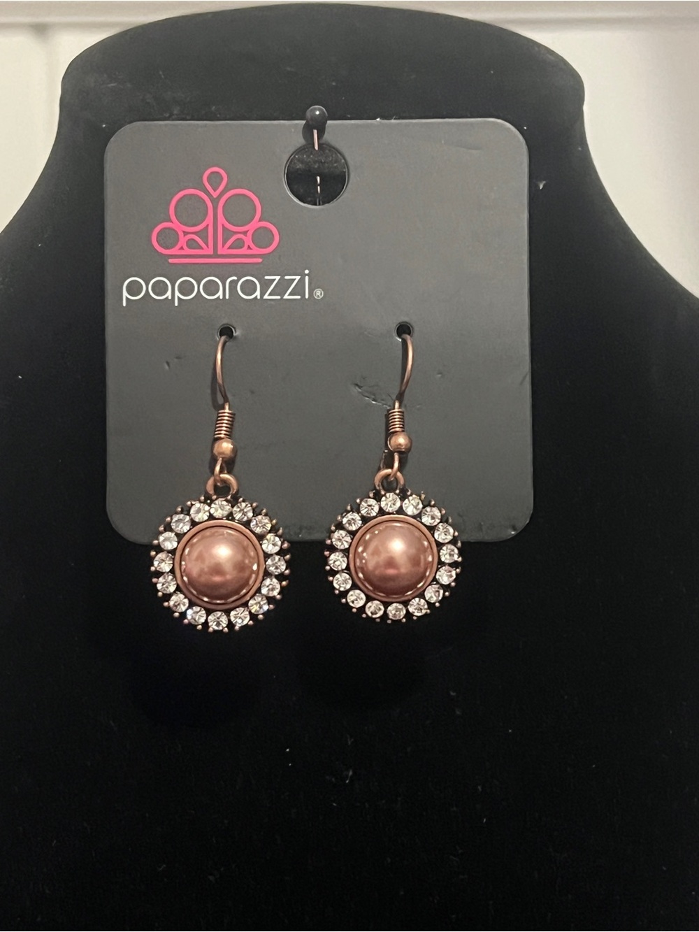Paparazzi Rose Gold Pearl Halo Drop Earrings - Pink Crystal Accent